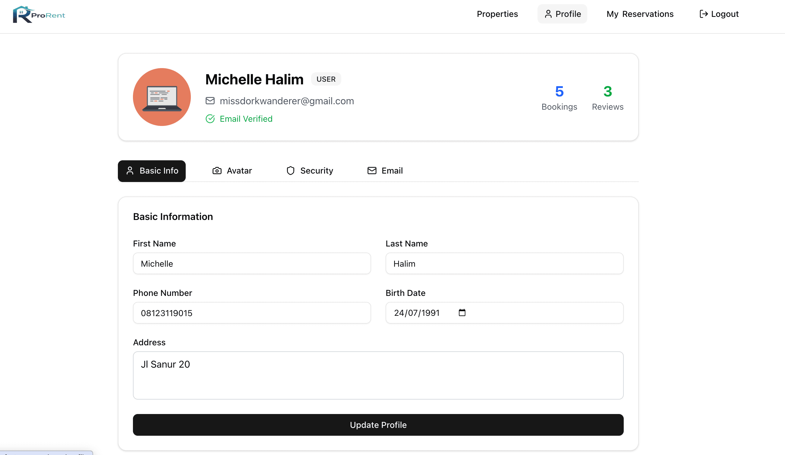 User Profile - ProRent
